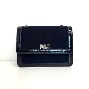 CHANEL Black Patent Quilted 2.55 Reissue Flap Shoulder Bag Silver Chain Leather